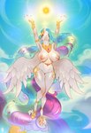 anthro areola big_breasts biped breasts eyelashes feathered_wings feathers female fur genitals hair horn jewelry multicolored_hair nipples outside pupils pussy regalia sky solo thick_thighs white_body white_fur wide_hips wings merkury friendship_is_magic hasbro my_little_pony mythology princess_celestia_(mlp) equid equine mammal mythological_creature mythological_equine winged_unicorn absurd_res hi_res