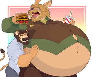 anthro beard belly belly_expansion beverage big_belly bloated blonde_beard blonde_facial_hair blonde_hair blue_eyes bottomwear brown_beard brown_bottomwear brown_clothing brown_eyes brown_facial_hair brown_hair brown_pants brown_topwear brown_vest burger button_(fastener) classy clothing collared_shirt dress_shirt duo eating eating_food expansion facial_hair food fur green_clothing green_shirt green_topwear grin hair holding_beverage holding_object huge_belly male navel necktie open_mouth pants pink_tongue pocket_square rolled_up_sleeves shirt smile straining_buttons tan_body tan_fur teeth tight_clothing tongue topwear vest white_clothing white_shirt white_topwear yellow_necktie hidi kole_(usernametaken2010) felid kangaroo lion macropod mammal marsupial pantherine absurd_res hi_res