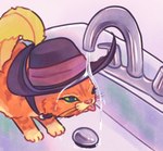 ambiguous_gender clothing failed_attempt faucet feathers feral fur hat headgear headwear orange_body orange_fur pink_nose sink solo tongue tongue_out water whiskers luiicu dreamworks puss_in_boots_(franchise) puss_in_boots_(dreamworks) domestic_cat felid feline felis mammal