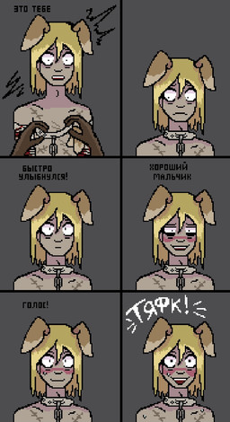 aroused barking bdsm black_body black_skin blonde_hair blood blush bodily_fluids chain collar dominant dominant_human duo eye_bags floppy_ears folded_ears gore hair male male/male motion_lines pet_praise petplay praise questionable_consent roleplay scar simple_background smile solo_focus text white_body white_skin zhenya_arsenic animal_humanoid canid canid_humanoid canine canine_humanoid dog_humanoid human humanoid mammal mammal_humanoid comic digital_media_(artwork) hi_res pixel_(artwork) russian_text translated