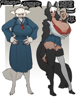 barefoot big_breasts big_hands black_body black_fur black_hair blush bottomwear bra breasts camel_toe clothed clothed_female clothed_humanoid clothing dialogue duo feet female fluffy fluffy_tail fur hair huge_breasts legwear multicolored_hair panties red_bra red_clothing red_eyes red_underwear school_uniform skirt speech_bubble stirrup_legwear stirrup_stockings stockings tail text thigh_highs two_tone_hair underwear uniform white_body white_clothing white_fur white_hair white_legwear white_thigh_highs wolf_ears yellow_eyes thevarking eya_ulfson rana_ulfson animal_humanoid canid canid_humanoid canine canine_humanoid humanoid mammal mammal_humanoid wolf_humanoid english_text hi_res sibling_(lore) sister_(lore) sisters_(lore)