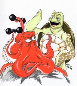 blue_eyes brown_shell duo exercise feral gesture green_body green_eyes green_fins hai_xiaolu male male/male open_mouth orange_body orange_tentcle shell simple_background tentacles waving weightlifting white_background workout uminokouji disney finding_dory finding_nemo pixar crush_(finding_nemo) hank_(finding_dory) cheloniid giant_pacific_octopus green_sea_turtle reptile scalie sea_turtle turtle 2019 watermark
