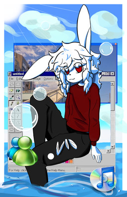 5_fingers anthro black_bottomwear black_clothing black_pants bottomwear clothing fingers frutiger_aero fur hair male pants red_clothing red_eyes red_sweater red_topwear sky solo sweater text topwear water white_body white_fur white_hair itskoji0w0 lagomorph mammal absurd_res english_text hi_res