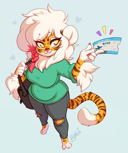 anthro bag clothed clothing countershading female fully_clothed hair pink_nose simple_background smile solo stripes ticket torn_clothing white_hair yellow_eyes buxbi buxbi_(character) felid mammal pantherine tiger 2017