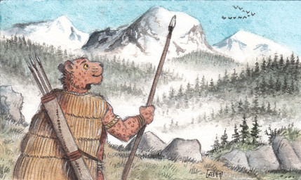 anthro biped bracelet detailed_background forest fur holding_melee_weapon holding_object holding_polearm holding_spear holding_weapon jewelry male markings melee_weapon mountain mountain_range outside plant polearm smile solo spear spots spotted_body spotted_fur text tree weapon yellow_eyes 0laffson felid feline mammal 2025 english_text painting_(artwork) watercolor_(artwork)