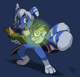 2_tails anthro blue_background blue_body blue_fur book dipstick_tail front_view fur glistening glistening_eyes green_eyes hair holding_book holding_object leg_markings logo magic_user male markings multi_tail open_mouth open_smile pink_nose short_hair simple_background smile socks_(marking) solo tail tail_markings white_body white_fur white_hair young young_anthro young_male pandapaco nintendo pokemon robinstic_(robinstic) generation_6_pokemon meowstic pokemon_(species) artist_logo full-length_portrait hi_res portrait signature