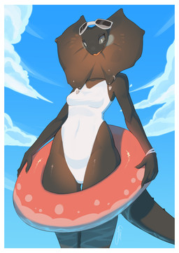 anthro biped border bracelet breasts clothed clothed_anthro clothed_female clothing cloud day eyewear eyewear_on_head female fingers frill_(anatomy) frill_piercing furgonomics furry-specific_piercing grey_body grey_sclera highleg highleg_swimwear humanoid_hands inflatable inner_tube jewelry looking_at_viewer looking_down low-angle_view markings non-mammal_breasts one-piece_swimsuit open_mouth open_smile outside piercing sky small_breasts smile solo spiked_tail spikes spikes_(anatomy) spots spotted_markings standing sunglasses sunglasses_on_head swimwear tail text wet wet_body white_border white_clothing white_eyes white_swimwear vinael agamid frilled_lizard lizard reptile scalie 2025 artist_name colored hi_res portrait shaded three-quarter_portrait