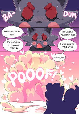 anthro blush bodily_fluids dialogue embarrassed eyes_closed feral heart_symbol magic sweat sweatdrop text transformation nikkibunn nintendo pokemon gunther_(mating_season) generation_1_pokemon generation_4_pokemon generation_5_pokemon growlithe lopunny mammal pokemon_(species) zorua comic english_text hi_res multiple_scenes
