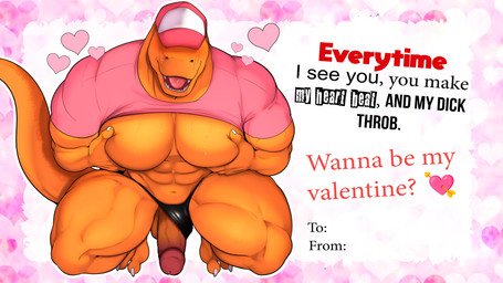 abs anthro barazoku big_muscles big_pecs claws clothed clothing clothing_aside clothing_lift erection floating_heart genitals hairless hat hat_covering_eyes headgear headwear heart_symbol holding_pecs holidays huge_muscles huge_pecs huge_thighs male manly muscular muscular_anthro muscular_arms muscular_legs muscular_male muscular_thighs open_mouth orange_body orange_skin partially_clothed pecs penis pink_clothing pink_shirt pink_topwear sharp_teeth shirt shirt_lift smile solo teeth text thick_arms thick_penis thick_thighs thong thong_aside tongue topwear underwear underwear_aside valentine's_day_card zourik valentine's_day paul_(zourik) dinosaur prehistoric_species reptile saurischian scalie theropod tyrannosaurid tyrannosauroid tyrannosaurus tyrannosaurus_rex 16:9 absurd_res english_text hi_res widescreen