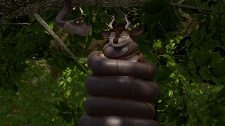 ambiguous_gender anthro antlers brown_body brown_fur brown_hair coiling coiling_another duo eyes_closing falling_asleep forest front_view fur hair horn hypnosis hypnotic_eyes imminent_death imminent_vore jungle looking_at_another male male/ambiguous mind_control outside plant ringed_eyes smile tree yellow_eyes daffi the_jungle_book kaa_(jungle_book) deer mammal reptile scalie snake 16:9 2025 3d_(artwork) 3d_animation animated digital_media_(artwork) hi_res no_sound short_playtime widescreen
