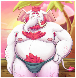 anthro areola armpit_hair beard belly big_belly body_hair border clothing detailed_background facial_hair happy_trail male moobs nipples outside overweight overweight_male palm_tree plant pube_peek pubes solo swimwear tree white_border 06betos11 elephant elephantid mammal proboscidean 2026 absurd_res hi_res