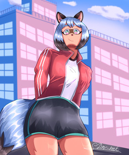 anthro city city_background clothing female hair happy jacket low-angle_view short solo sunset topwear dr-artdark brand_new_animal studio_trigger michiru_kagemori canid canine mammal raccoon_dog tanuki 5:6 absurd_res hi_res