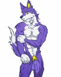 anthro big_penis fist foreskin fur genitals hair male muscular penis purple_body purple_hair shy solo inklooser animal_crossing nintendo lobo_(animal_crossing) canid canine canis mammal wolf absurd_res digital_media_(artwork) hi_res