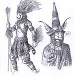 anthro armlet armor atlatl belt bottomwear clothing conical_hat dialogue duo ear_piercing ear_tuft facial_piercing fantasy feathered_headdress feathers fur fur_markings greaves hat headdress headgear headwear holding_melee_weapon holding_object holding_polearm holding_spear holding_weapon jewelry looking_aside magic_user male markings melee_weapon necklace nose_piercing nose_ring piercing polearm priest ring_piercing shaman skirt spear speech_bubble standing tassels text topwear tribal tribal_spellcaster tuft vambrace weapon 0laffson azad_(0laffson) caracal caracal_(genus) felid feline mammal 2023 bust_portrait english_text graphite_(artwork) hi_res pencil_(artwork) portrait signature sketch three-quarter_portrait traditional_media_(artwork)