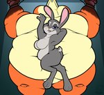 2023 anthro arms_tied belly big_belly bloated bound bound_male breasts buckteeth butt calorie canid canine cheek_bulge disney duo ears_up featureless_breasts featureless_crotch female force_feeding forced fox fur half-closed_eyes hi_res hose_in_mouth immobile judy_hopps lagomorph leporid looking_at_viewer lying lying_on_another lying_on_partner male mammal morbidly_obese morbidly_obese_anthro morbidly_obese_male narrowed_eyes navel nick_wilde nude obese obese_anthro obese_male on_side overweight overweight_anthro overweight_male paws rabbit red_fox scut_tail short_tail signature size_difference smile smiling_at_viewer tail teeth thick_thighs true_fox wide_hips zootopia