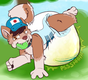 anthro ball baseball_cap big_diaper blue_baseball_cap blue_cap bodily_fluids brown_body brown_eyes brown_fur brown_hair brown_nose clothed clothing collar diaper diaper_only elbow_on_ground fangs full_diaper fur genital_fluids grass hair half-closed_eyes hand_on_ground hat headgear headwear looking_at_viewer male narrowed_eyes one_leg_up outside pawpads paws plant raised_leg smug_face solo tail teeth tennis_ball tennis_ball_in_mouth topless tree unclean_diaper urine used_diaper using_diaper wearing_diaper wet_diaper wetting wetting_diaper young young_anthro young_male law_azure kenjipup akita akita_inu canid canine canis domestic_dog mammal spitz hi_res