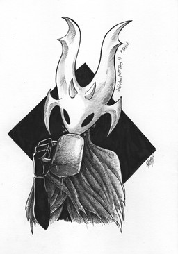 ambiguous_gender black_body black_eyes clothed clothing container cup fingers holding_container holding_cup holding_object horn multi_horn solo xdunkelseelex hollow_knight_(franchise) inktober team_cherry fan_character vessel_(species) 2025 absurd_res hi_res monochrome signature traditional_media_(artwork)
