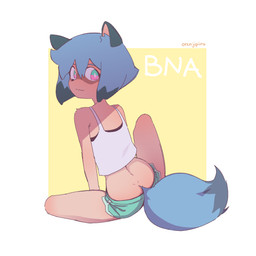anthro bottomwear clothing dolphin_shorts female fur hair looking_at_viewer looking_back short_hair shorts sitting smile solo orenjipiiru brand_new_animal studio_trigger michiru_kagemori canid canine mammal raccoon_dog tanuki 1:1 hi_res