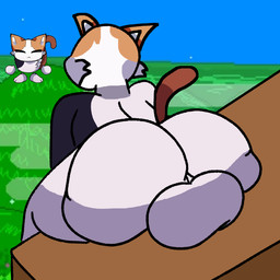 anthro backsack balls big_balls big_butt brown_tail butt ears_back genitals grass looking_away male orange_ears pivoted_ears plant sitting sky solo tail white_body unknown_artist catto_boi_(series) catto_boi felid feline mammal 1:1 colored hi_res reference_image shaded