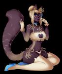 anthro bell biped black_body black_fur black_nose blonde_hair blue_eyes breasts claws cleavage clothed clothing collar crown female footwear fur gloves hair handwear headgear high_heels kneeling legwear lips looking_at_viewer navel panties purple_lips shoes short_hair simple_background sitting skimpy solo stockings stripes thick_lips transparent_background underwear rebeccacablah unknown_species 2015 alpha_channel hi_res