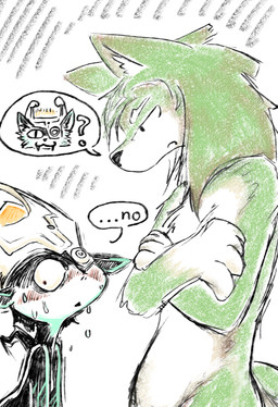 accusation anthro anthrofied armor blush bodily_fluids clothing crossed_arms dialogue duo embarrassed female fused_shadow guilty headgear headwear helmet looking_at_another looking_away looking_down looking_down_at_another male narrowed_eyes nude speech_bubble sweat text wide_eyed dragonweirdo nintendo the_legend_of_zelda twilight_princess link_(wolf_form) midna canid canine canis humanoid imp mammal wolf english_text hi_res pictographics