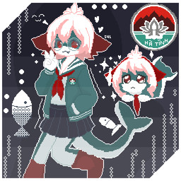 anthro bob_cut boots bottomwear clothing coat eyewear female flower footwear gesture glasses hair hand_gesture logo lotus_(flower) pink_hair plant red_eyes sailor_collar scarf shoes skirt solo tail teal_body topwear uniform v_sign young sylvewon aquatic fish shark