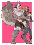 2024 abdominal_bulge animal_humanoid arm_tuft ayaqerb balls big_breasts big_tail bottomwear breasts claws clothing colored digital_drawing_(artwork) digital_media_(artwork) digitigrade duo elbow_tuft female fluffy fluffy_tail from_behind_position fur genitals gynomorph hair hi_res horn horned_humanoid human humanoid intersex intersex/female knee_tuft larger_gynomorph larger_intersex leg_tuft lifting_partner long_hair looking_pleasured mammal markings pants penetration pulling_hair raised_tail sex shaded simple_background size_difference smaller_penetrated spots spotted_body spotted_fur tail toe_claws tongue tongue_out torn_bottomwear torn_clothing torn_pants touching_hair tuft vaginal vaginal_penetration