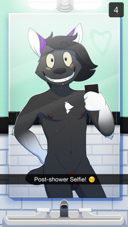 anthro balls bathroom biped black_body black_fur black_hair black_nose blush camera_view cellphone chest_tuft circumcised electronics facial_piercing flaccid fur genitals grin hair hand_on_hip heart_symbol holding_object holding_phone humanoid_genitalia humanoid_penis labret_piercing lip_piercing looking_at_viewer male mirror multicolored_body multicolored_fur navel nipples nude penis phone piercing purple_body purple_fur selfie sink smile solo teeth text tuft wet white_body white_fur granitemcgee snapchat granite canid canine canis coyote mammal 2015 english_text