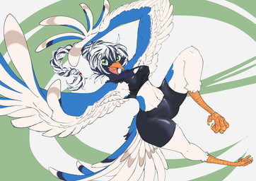 anthro beak black_body black_feathers blue_body blue_feathers bottomwear bra braided_hair braided_ponytail breasts cheek_tuft claws clothing curvy_figure enthusiastic facial_tuft feathers feet female flying gesture green_eyes hair happy medium_breasts midair midriff navel neck_tuft nipple_outline nipples non-mammal_breasts non-mammal_navel non-mammal_nipples open_beak open_mouth orange_beak ponytail raised_leg scuted_legs scutes shorts simple_background small_waist smile smiling_at_viewer solo sports_bra spread_wings stripes tail tail_feathers talons thick_thighs tight_clothing toe_claws toes tongue tuft underwear waving waving_at_viewer white_body white_feathers wide_hips wings lovo_(artist) cissa_(idorrth) avian bird corvid magpie_(corvid) oscine passerine digital_media_(artwork) hi_res