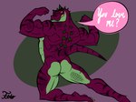 anthro back_muscles biceps butt countershading dialogue feet flexing flexing_bicep green_body green_countershading green_scales humanoid_feet humanoid_hands kneeling looking_at_viewer looking_back looking_back_at_viewer male muscular muscular_male nails nude plantigrade purple_body purple_scales rear_view scales solo speech_bubble tail text toenails toes fitopakito barney_and_friends pbs barney_the_dinosaur dinosaur prehistoric_species reptile scalie 4:3 absurd_res english_text hi_res