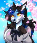 amber_eyes anthro big_breasts black_hair blue_body blue_fur blue_nose breasts clothed clothing female fur hair smile solo aimi melanie_black canid canine fox mammal 2020 digital_media_(artwork)