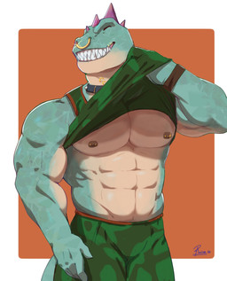 abs anthro areola barbell_piercing biceps clothed clothing clothing_lift facial_piercing green_body green_scales male muscular muscular_anthro muscular_male nipple_piercing nipples nose_piercing nose_ring pecs piercing presenting ring_piercing scales serratus sharp_teeth shirt shirt_lift simple_background smile solo stocky teeth topwear trapezius triceps v-cut raion_b goat_(movie) sony_corporation sony_pictures modo_olachenko komodo_dragon lizard monitor_lizard reptile scalie hi_res watermark