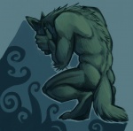 2010 abstract_background airu anthro athletic athletic_anthro athletic_male black_body black_fur butt canid canine canis claws cool_colors crouching digitigrade facepalm feet fur male mammal nude simple_background soles solo teal_theme toe_claws wolf