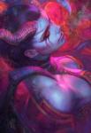 bare_shoulders big_breasts black_hair blue_body blue_hair blue_skin breasts female hair horn lips long_hair membrane_(anatomy) membranous_wings red_eyes solo wings artgerm defense_of_the_ancients dota valve akasha_the_queen_of_pain demon humanoid