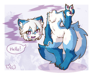 anthro blue_body blue_fur chest_tuft detachable detachable_head featureless_crotch fur hair headless kemono looking_at_viewer male solo tuft white_body white_fur white_hair acky05 hi_res japanese_description