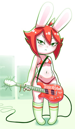 anthro bikini blush clothing electric_guitar female footwear freckles guitar hair musical_instrument navel plucked_string_instrument red_hair socks solo speaker string_instrument swimwear two-piece_swimsuit disfigure alkaline_trio the_fall_of_troy kylie_(disfigure) lagomorph leporid mammal rabbit 2022 hi_res