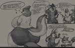2024 anthro athletic_wear big_breasts big_bulge big_butt blush bodily_fluids bottle bottomwear breasts bulge butt canid canine canis clothed clothing comic container derby_valentine_(piilsud) detailed_bulge dialogue duo emanata english_text erection erection_under_clothing exclamation_point exercise female genital_outline gesture gym_bottomwear gym_shorts hand_gesture heart_symbol hi_res holding_object huge_breasts huge_butt looking_at_another looking_at_partner looking_back lying male mammal monochrome muscular muscular_male on_front pants penis_outline piilsud pointing pointing_at_another ria_(piilsud) shirt shorts shrug sitting smile smirk speech_bubble standing sweat text thick_thighs topwear water_bottle weight_bench wide_eyed wide_hips wolf workout yoga_pants