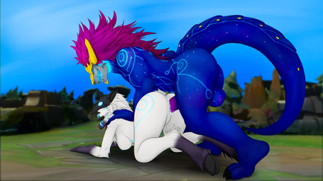 4_toes 5_fingers abs anthro anus balls bioluminescence blue_body blue_eyes blue_markings blue_sclera bodily_fluids bone breasts claws cum cum_in_vagina cum_inside dipstick_ears duo ear_markings empty_eyes feet finger_claws fingers floppy_ears fur fur_markings genital_fluids genitals glowing glowing_anus glowing_eyes glowing_genitalia glowing_insides glowing_markings glowing_penis gold_(metal) gold_jewelry hair hooves jewelry lop_ears male markings mask mask_on_head mask_only multicolored_ears multicolored_limbs multicolores_ears muscular non-mammal_balls nude penetration penis pink_hair pinned pinned_to_ground saliva saliva_string serratus short_tail skull skull_head summoners_rift tail toes vaginal vaginal_fluids vaginal_penetration vulva wearing_mask white_body white_fur white_hair kvnpoulsen league_of_legends mythology riot_games tencent aurelion_sol_(lol) kindred_(lol) lamb_(lol) bovid caprine dragon eastern_dragon mammal mythological_creature mythological_scalie scalie sheep absurd_res hi_res