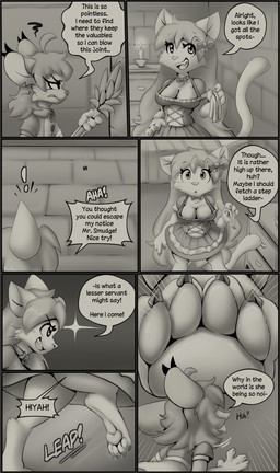 angry annoyed anthro big_breasts border bow_ribbon bow_tie breasts cat_tail claws cleaning_tool clothed clothing dialogue dress duo extreme_size_difference eyelashes feather_duster feet female female/female finger_claws grey_border hair handwear hindpaw jumping long_eyelashes long_hair looking_down looking_down_at_another maid_uniform micro mouse_tail pawpads paws resting_bitch_face servant servants sharp_teeth size_difference teeth text toe_claws uniform muhny connie_(muhny) lily_(muhny) domestic_cat felid feline felis mammal mouse murid murine rodent comic english_text hi_res