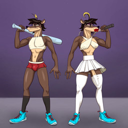 anthro baseball_bat bat_(object) big_penis biped bottomwear bulge clothed clothing crossdressing erection femboy fingers footwear fur genitals hair half-closed_eyes holding_baseball_bat holding_object holding_tennis_racket humanoid_genitalia humanoid_penis legwear male narrowed_eyes nipple_outline penis shoes shorts simple_background skirt smile socks sport standing stockings tail tennis_racket topwear jackofak mammal mustelid musteline true_musteline weasel digital_media_(artwork) hi_res