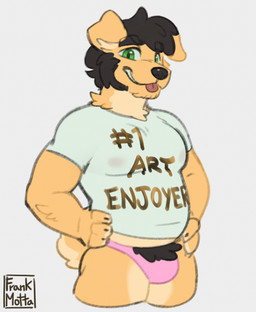 anthro black_hair blep bulge clothing countershade_legs countershade_torso countershading facial_hair green_eyes grey_background hair male pubes shirt sideburns simple_background slightly_chubby slightly_chubby_anthro slightly_chubby_male smile t-shirt tail tan_body text thong tongue tongue_out topwear underwear vlep wide_eyed frank_motta nao_o'connor bird_dog canid canine canis domestic_dog golden_retriever hunting_dog mammal retriever absurd_res english_text hi_res