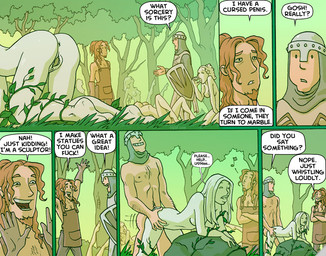 agalmatophilia alternating_focus anus calling_for_help curse detailed_background dialogue duo_focus female forced forest genitals grass group humor inanimate_transformation male male/female medieval melee_weapon not_furry outside penetration petrification plant rape rock sculpture seven_frame_image sex shield speech_bubble statue sword talking_to_another text transformation tree vaginal vaginal_penetration vines vulva warrior weapon whispering wood oglaf human mammal comic digital_media_(artwork) english_text