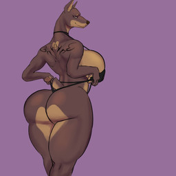 anthro back_tattoo bare_shoulders big_breasts big_butt bikini bikini_pull biped black_bikini black_clothing black_eyes black_nose black_swimwear black_tattoo breasts brown_body brown_ears brown_fur brown_tail butt circle_eyebrows clothed clothed_anthro clothed_female clothing clothing_pull countershade_butt countershade_face countershade_fur countershade_legs countershade_neck countershade_torso countershading eyebrows eyelashes female fur glistening glistening_butt glistening_eyes head_turned heart_(marking) heart_symbol huge_breasts iris legs_together light_body light_fur light_markings long_eyelashes looking_at_viewer looking_back looking_back_at_viewer markings monotone_background monotone_breasts multicolored_body multicolored_fur multicolored_tail pointy_ears prick_ears purple_background short_tail simple_background skimpy skimpy_bikini skimpy_swimwear solo standing swimwear swimwear_pull tail tan_body tan_breasts tan_countershading tan_eyebrows tan_fur tan_heart tan_inner_ear tan_markings tan_tail tattoo thick_neck thick_thighs three-quarter_view two-piece_swimsuit two_tone_body two_tone_fur two_tone_tail whisker_spots white_sclera iljajop canid canine canis dobermann domestic_dog mammal pinscher 2026 absurd_res digital_drawing_(artwork) digital_media_(artwork) hi_res portrait three-quarter_portrait