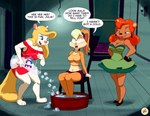 anthro barefoot blindfold bottomwear breasts chair cleavage clothed clothing crop_top dialogue dress feet female furniture gloves group hands_on_hips handwear ice_cube midriff off_shoulder scene_reference shirt shorts sitting submerged_feet text topwear trio water furboz animaniacs looney_tunes tiny_toon_adventures warner_brothers julie_bruin lola_bunny minerva_mink bear lagomorph leporid mammal mink mustelid musteline rabbit true_musteline 2023 absurd_res english_text hi_res