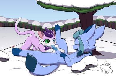 animal_genitalia anthro anthro_on_anthro bent_over blue_penis blue_tongue blush bodily_fluids collar fellatio female genitals lying male male/female nubbed_penis oral penile penis saliva saliva_on_penis sex sheath snow spiked_collar spikes tongue feeshyartist nintendo pokemon miu_(feeshyartist) eeveelution felid feline generation_4_pokemon glaceon mammal philikkahn pokemon_(species) hi_res