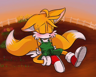 anthro blush bottomwear clothed clothing dipstick_tail dusk evening eyes_closed flower garden gloves handwear male markings outside pants plant solo sunset tail tail_markings tired white_clothing white_gloves white_handwear unbreakablebond sega sonic_the_hedgehog_(series) miles_prower canid canine fox mammal