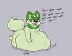 abdominal_bulge ambiguous_gender anthro belly crush dialogue digestion fatal_vore fully_inside fur green_body green_fur imminent_death imminent_feces imminent_scat implied_scat red_eyes rumbling_stomach solo tail vore conditional_dnp verdantphysician nintendo pokemon generation_9_pokemon pokemon_(species) sprigatito