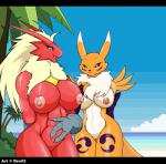 2014 abs anthro avian bandai_namco beach beak big_breasts big_nipples bird black_bars black_sclera blaziken breasts canid canine claws copyright_symbol crossover digimon digimon_(species) droll3 duo eyelashes female fur generation_3_pokemon genitals half-closed_eyes happy hi_res letterbox long_ears mammal narrowed_eyes nintendo nipples non-mammal_breasts non-mammal_nipples nude nude_beach open_mouth outdoor_nudity outside palm_tree plant pokemon pokemon_(species) pussy renamon sand sea seaside sky smile standing symbol tongue tree water white_body white_fur yellow_body yellow_fur