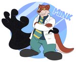 anthro biped bottomwear clothing cute_fangs fangs nanobots necktie pants shirt simple_background solo teeth topwear anonymousartboy brok_the_investigator cowcat_games dr._mink mammal mink mustelid musteline true_musteline 2023 absurd_res hi_res