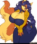 anthro belt big_breasts blue_hair blush breasts cleavage clothed clothing collar corset curvy_figure female fingerless_gloves fluffy fluffy_tail fur gloves hair hair_over_eye handwear huge_breasts jacket lingerie lipstick long_hair makeup one_eye_obstructed simple_background solo tail thick_thighs topwear voluptuous white_background wide_hips yellow_eyes missmixi sly_cooper_(series) sony_corporation sony_interactive_entertainment sucker_punch_productions carmelita_fox canid canine fox mammal 2020 absurd_res digital_media_(artwork) hi_res